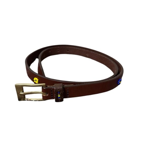 Liz Claiborne Brown Leather Boho Colorful Beaded Flower Belt with Gold Buckle - Picture 3 of 4